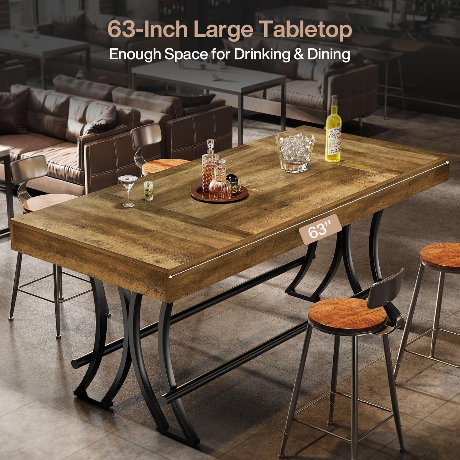 Tribesigns 63" Counter Height Bar Table with Metal Footrest, Rectangular Tall Kitchen Dining Pub Table, Industrial Home Bar Unit for Entertaining, Freestanding, Dark Brown