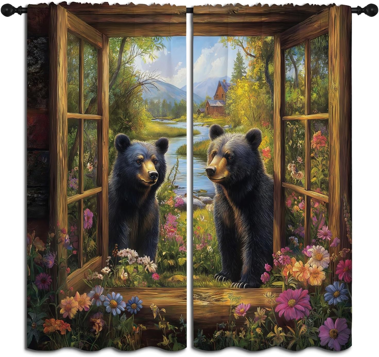 Black Bear Boy Girls Blackout Curtains,Funny Animal Country Farmhouse Floral Spring Rustic Nature Landscape, 2 Panel Rod Pocket Thermal Insulated Drapes for, Living, Kids Teen Room Deco 42x63 inch