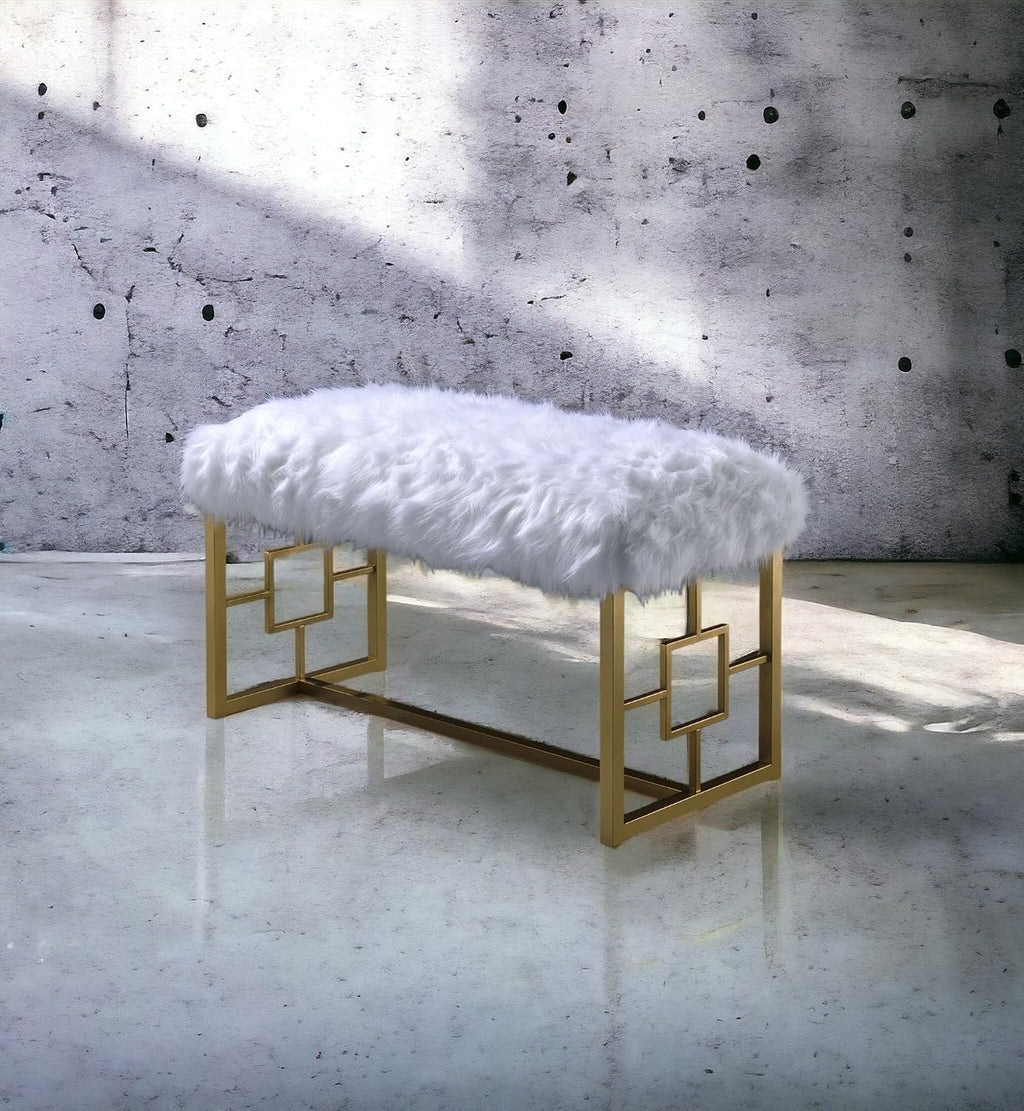 White Faux Fur Gold Bench: Modern Armless Lounge Seat - 21" Height 300lb Capacity - Entryway Bedroom Living Room Accent Furniture