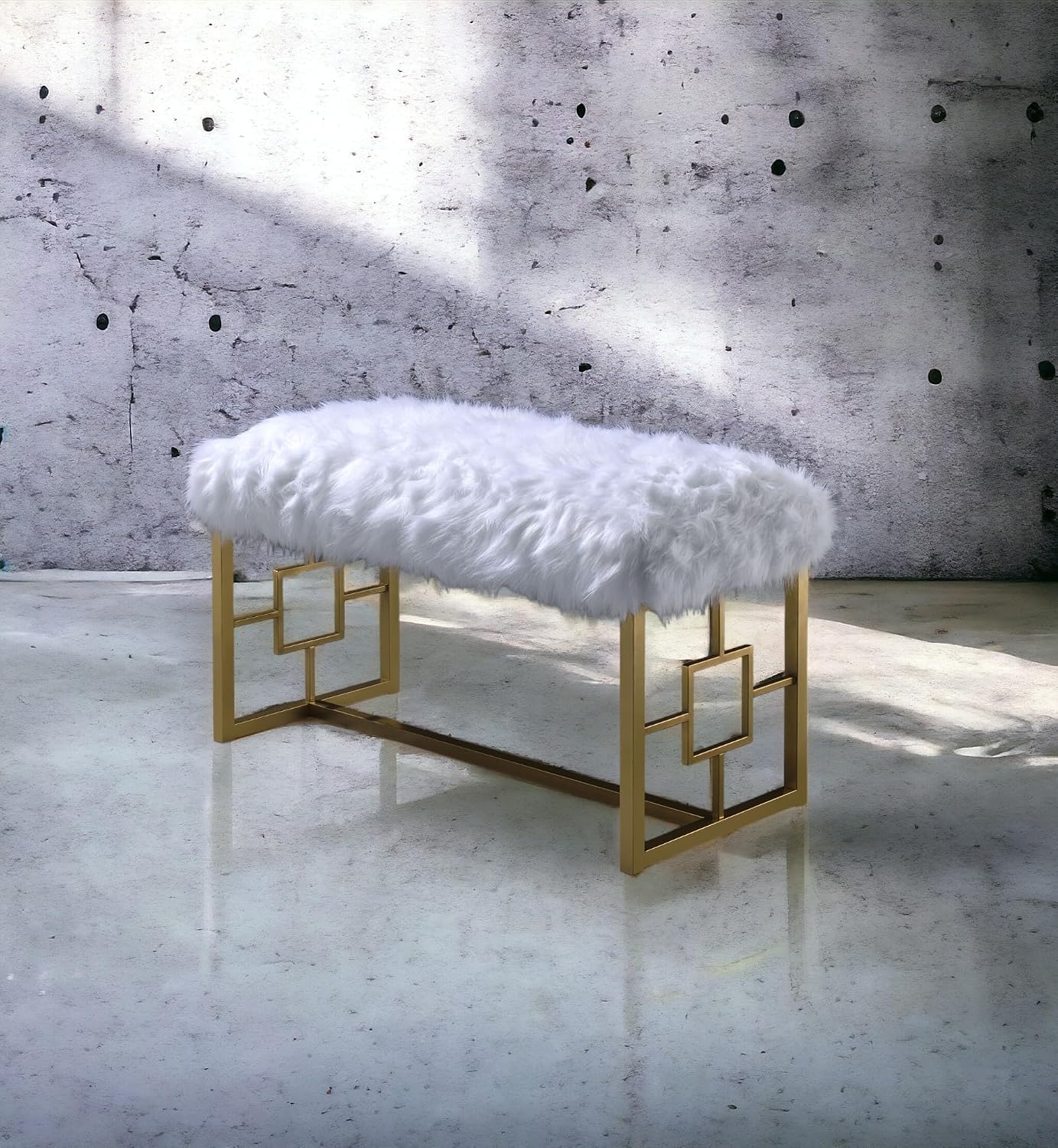 White Faux Fur Gold Bench: Modern Armless Lounge Seat - 21" Height 300lb Capacity - Entryway Bedroom Living Room Accent Furniture
