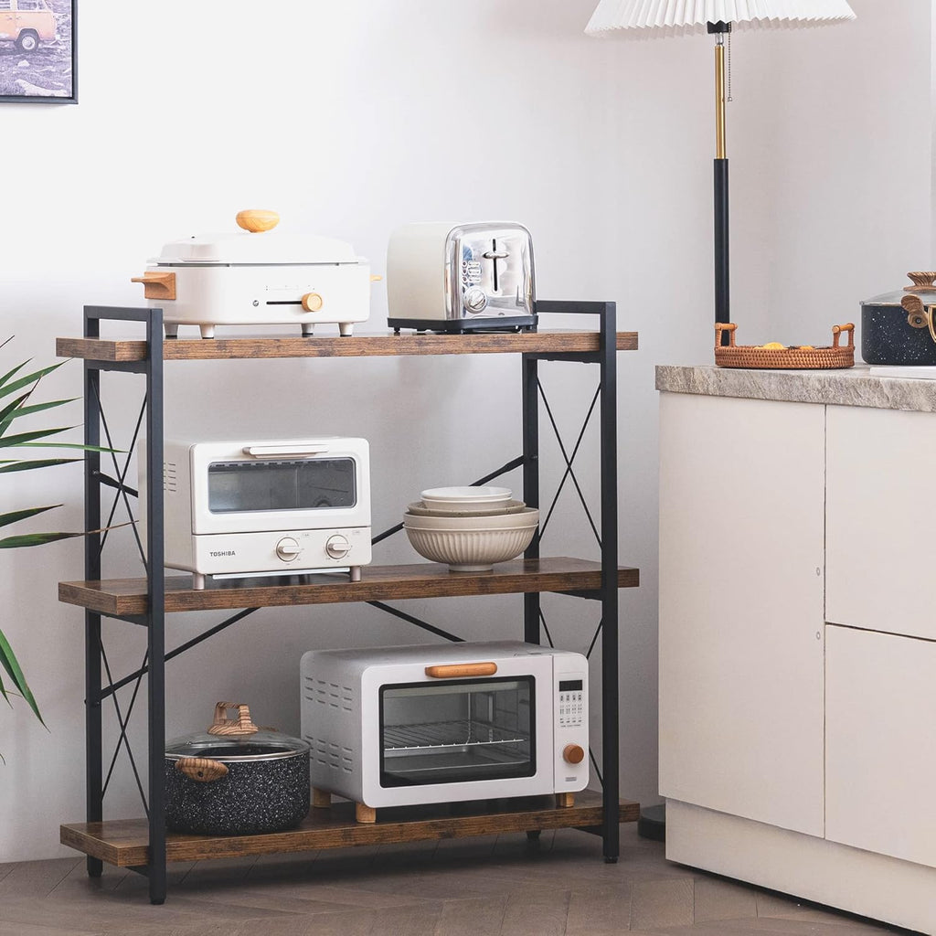 HCHQHS Bookshelf, 3-Tier Industrial Bookcase, Rustic Open Book Shelf, Wood and Metal Horizontal Bookshelves