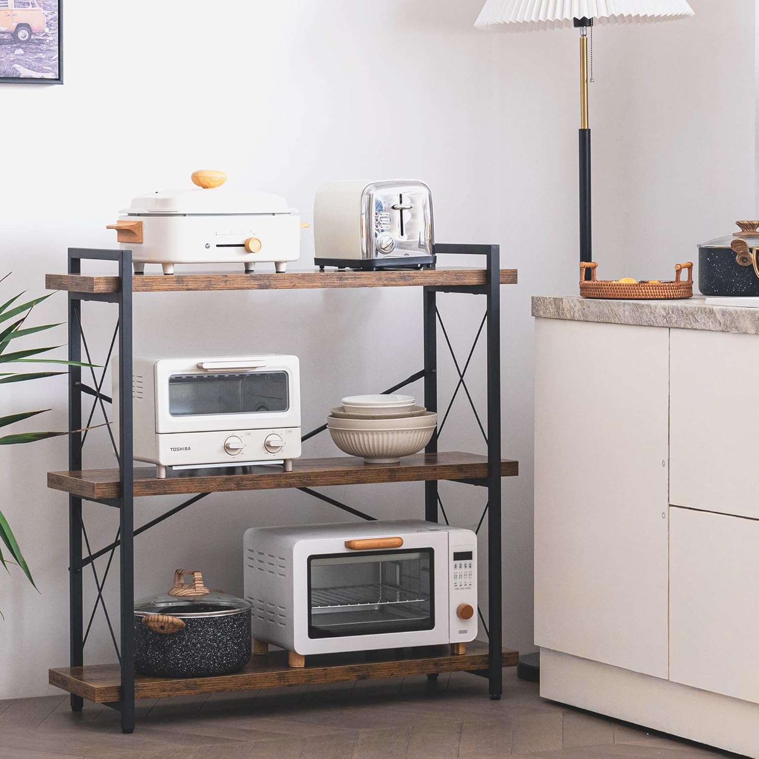 HCHQHS Bookshelf, 3-Tier Industrial Bookcase, Rustic Open Book Shelf, Wood and Metal Horizontal Bookshelves