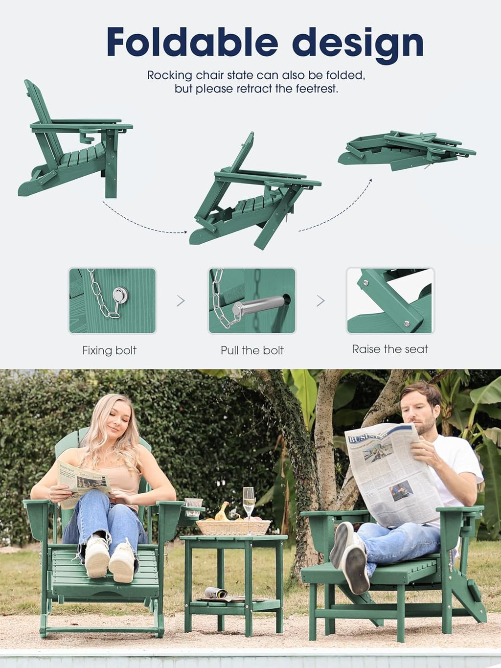 KINGYES Adirondack Rocking Chair with Retractable Ottoman and Cup Holders, HDPE Adirondack Rocker Patio Rocking Chair for Porch, Patio, Balcony, Leaf Green