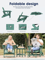 KINGYES Adirondack Rocking Chair with Retractable Ottoman and Cup Holders, HDPE Adirondack Rocker Patio Rocking Chair for Porch, Patio, Balcony, Leaf Green