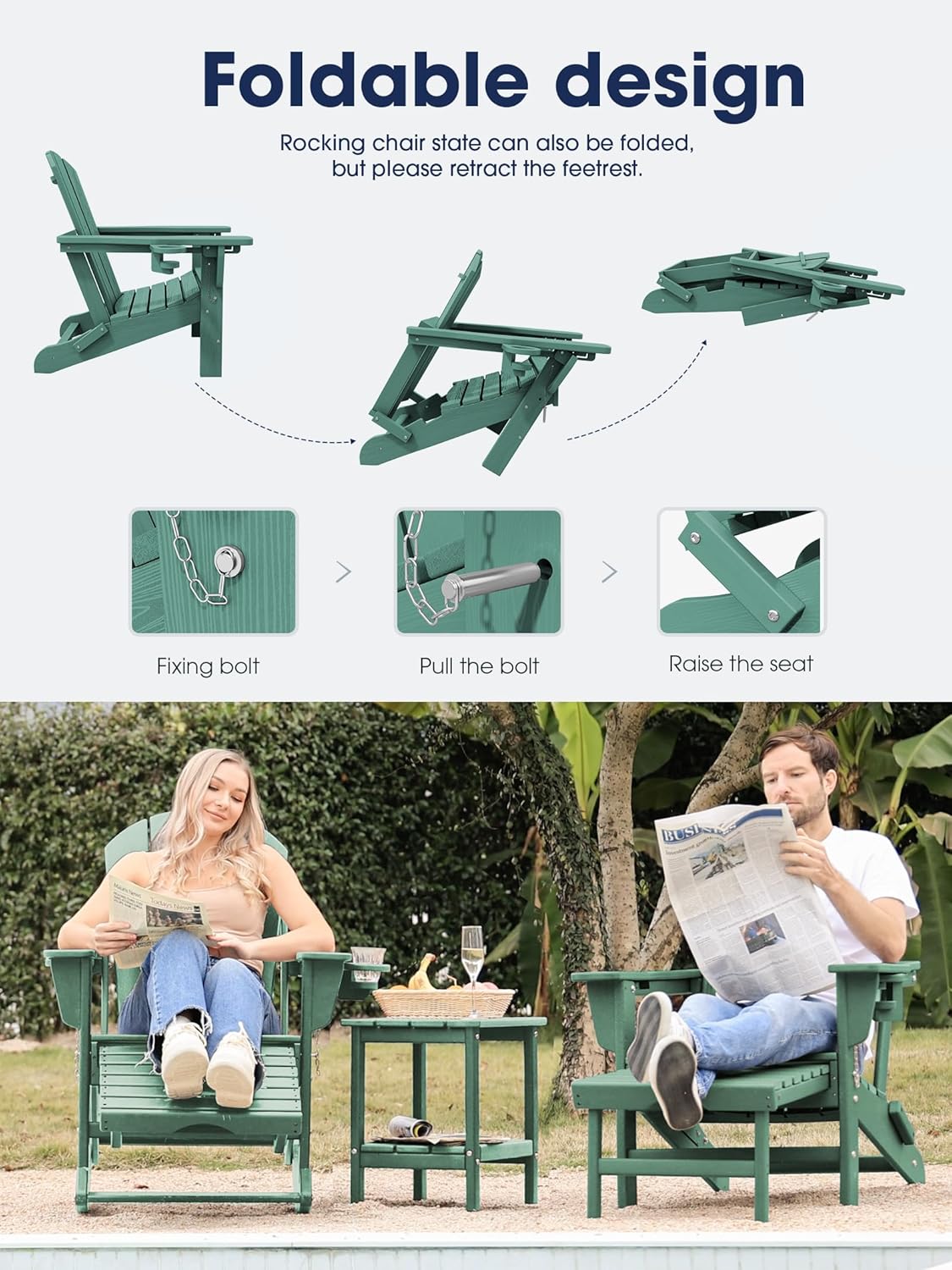 KINGYES Adirondack Rocking Chair with Retractable Ottoman and Cup Holders, HDPE Adirondack Rocker Patio Rocking Chair for Porch, Patio, Balcony, Leaf Green