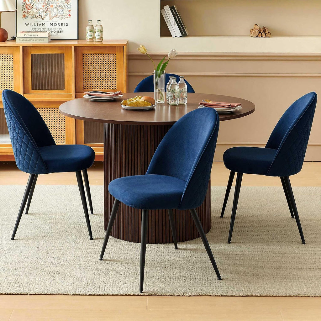 Homedot Round Kitchen Dining Table Set for 4, Modern Breakfast Dinner Dinette Table Set with Navy Blue Dining Side Chairs Upholstered, Mid Century Wooden Dining Set for Dining Room, Reception Room