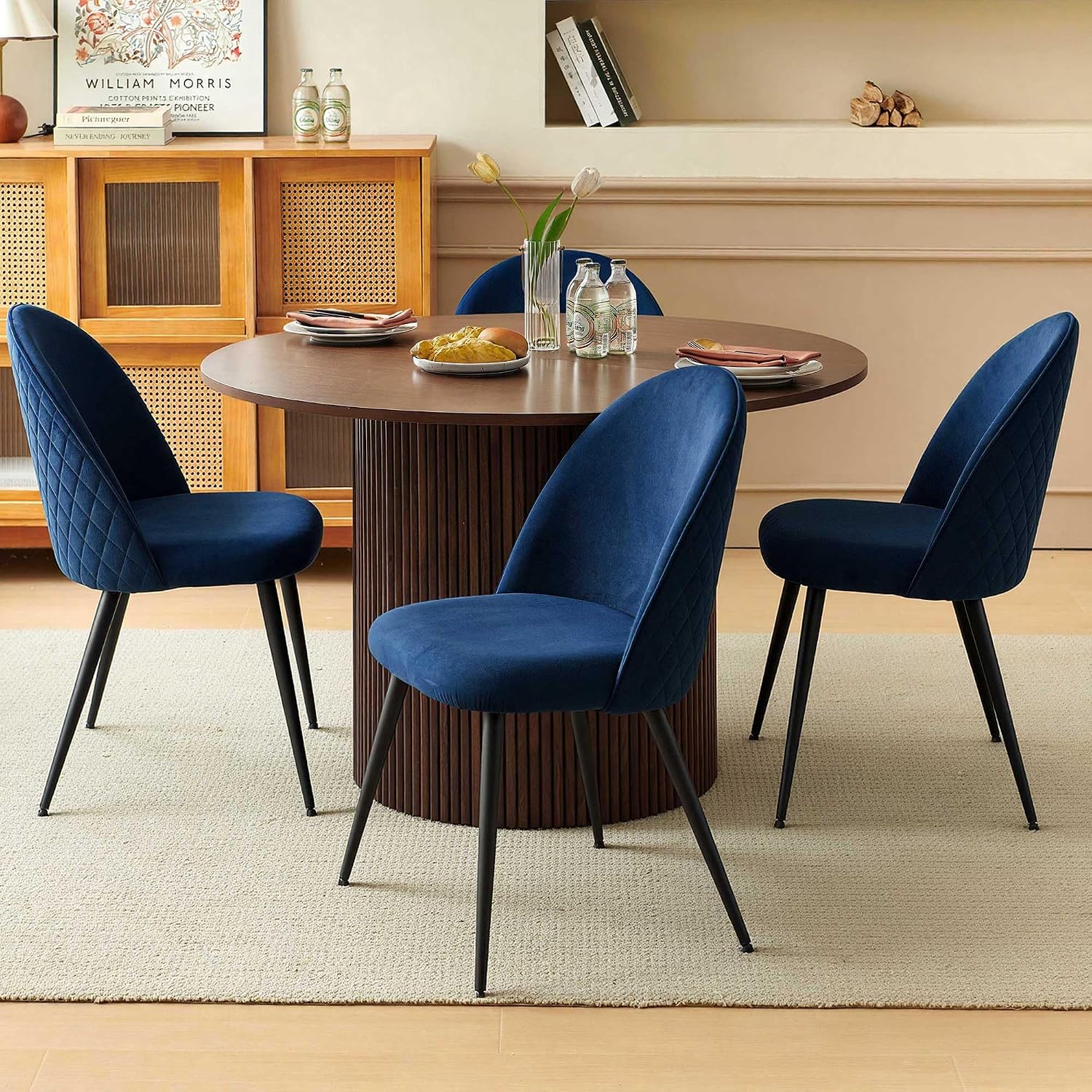 Homedot Round Kitchen Dining Table Set for 4, Modern Breakfast Dinner Dinette Table Set with Navy Blue Dining Side Chairs Upholstered, Mid Century Wooden Dining Set for Dining Room, Reception Room