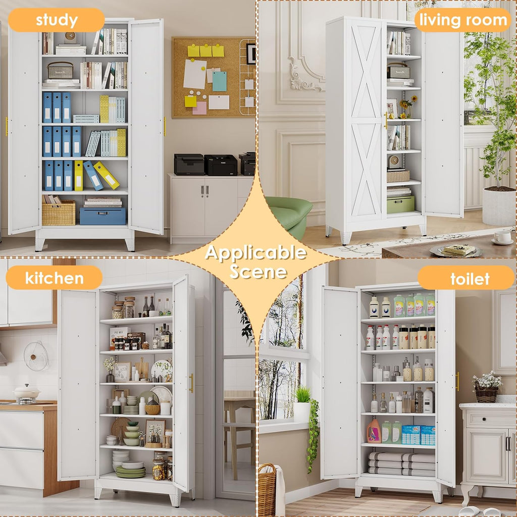75.2" Tall Metal Kitchen Pantry Storage Cabinet, Freestanding Cupboard with 2 Doors and 5 Adjustable Shelves, Standing Storage for Kitchen, Bathroom, Garage, Dinning Room or Utility Room