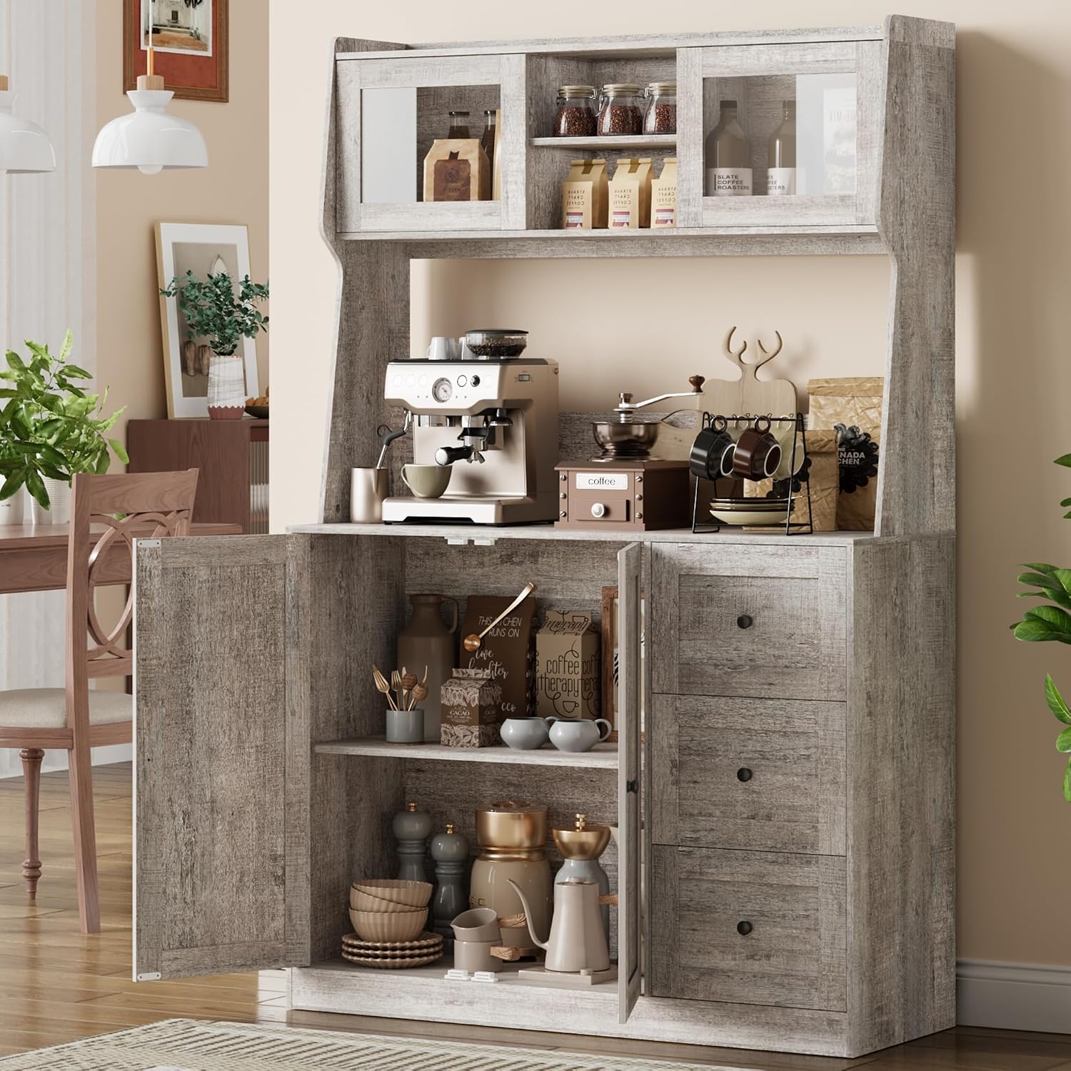 67'' Tall Kitchen Pantry Cabinet with Microwave Shelf, Sideboard Hutch Storage Cabinet with Doors, Shelves and Drawers, Wooden Coffee Bar, Sideboard Buffet Cabinets with Storage for Office(Grey)