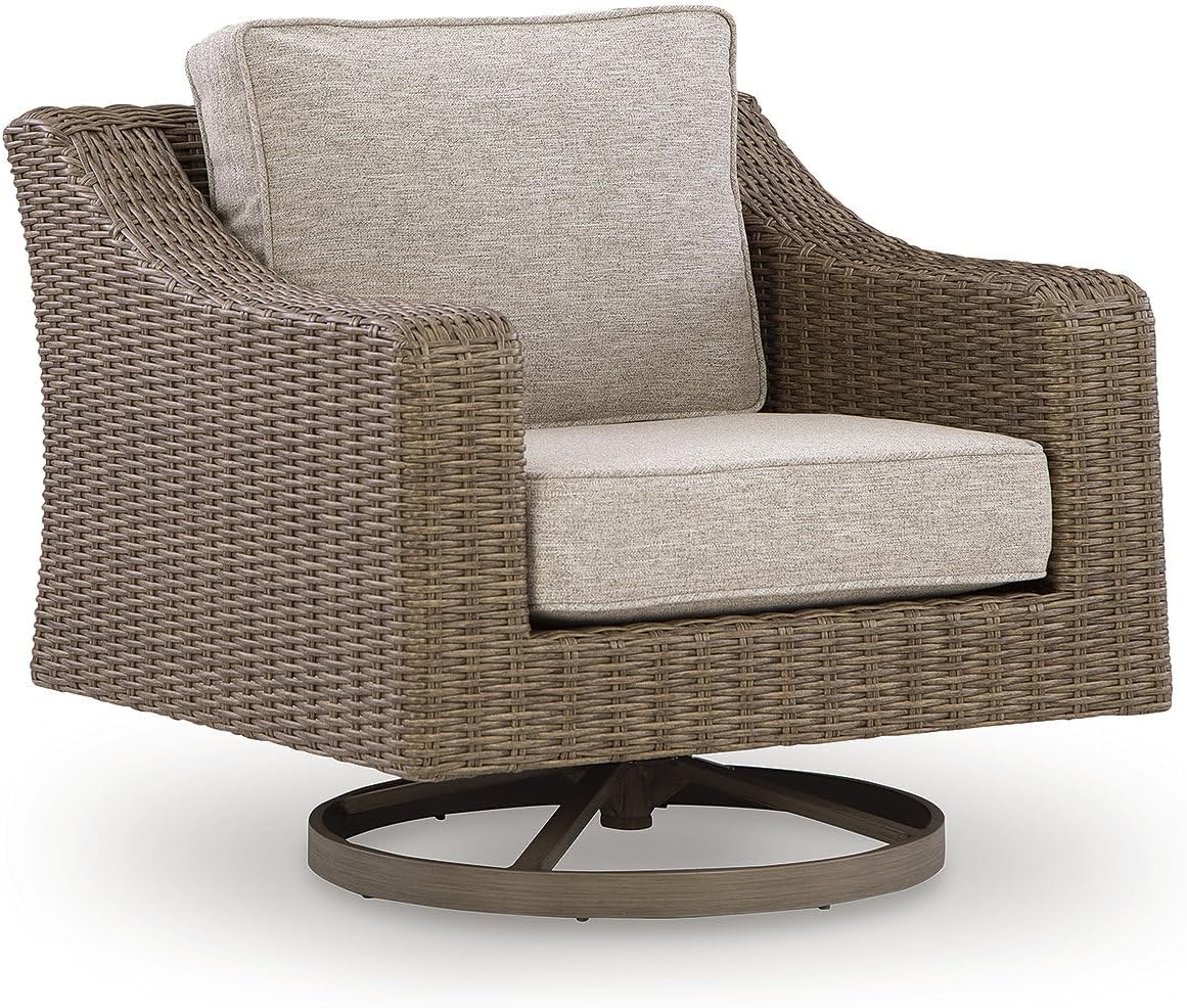 Signature Design by Ashley Carmel Bay Casual Weather and UV Resistant Outdoor Swivel Lounge with Cushion, Light Brown & Beige