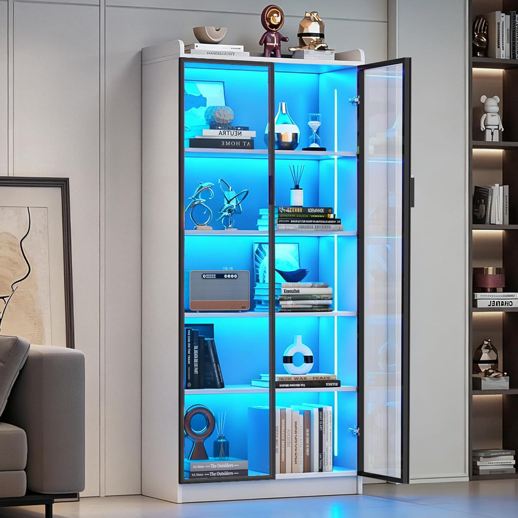 Dystler 65" Display Cabinet with Glass Doors, 5-Tier Curio Cabinet with Motion Sensor RGB Lights, Modern Display Case with Adjustable Shelves for Collectibles, Figures, Books, White