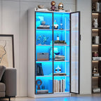 Dystler 65" Display Cabinet with Glass Doors, 5-Tier Curio Cabinet with Motion Sensor RGB Lights, Modern Display Case with Adjustable Shelves for Collectibles, Figures, Books, White
