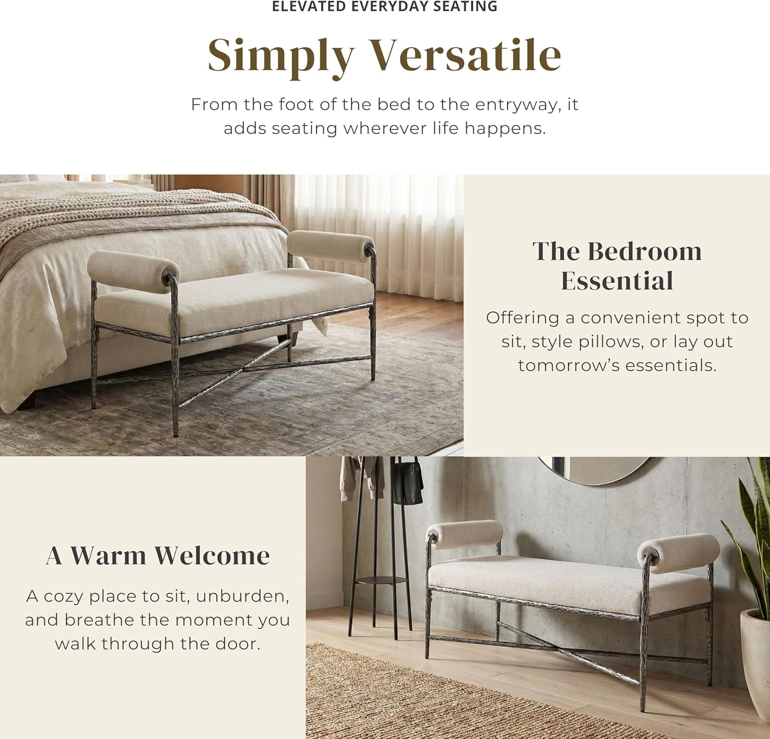 24/7 Shop at Home Lalia Upholstered 48-inch Metal Bench with Padded Roll Arms, Beige Fabric Seat, Hammered Forged Steel Frame, Modern Bedroom or Entryway, Matte Gold