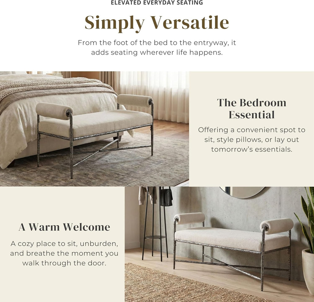 24/7 Shop at Home Lalia Upholstered 48-inch Metal Bench with Padded Roll Arms, Beige Fabric Seat, Hammered Forged Steel Frame, Modern Bedroom or Entryway, Matte Gray