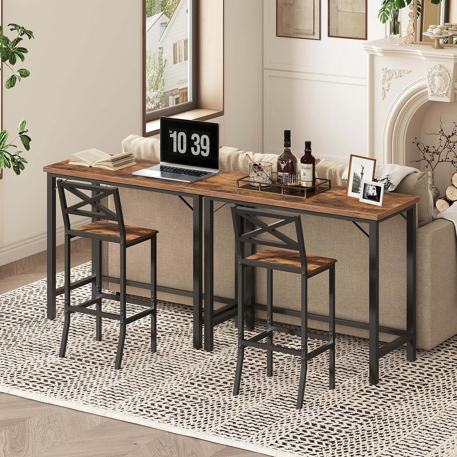MAHANCRIS Narrow Bar Table, 63-Inch Pub Table for Dining Room, Counter Bar Tables with Sturdy Metal Frame, Connectable Bar Table, Multifunctional Console Table, Rustic Brown BTHR1601