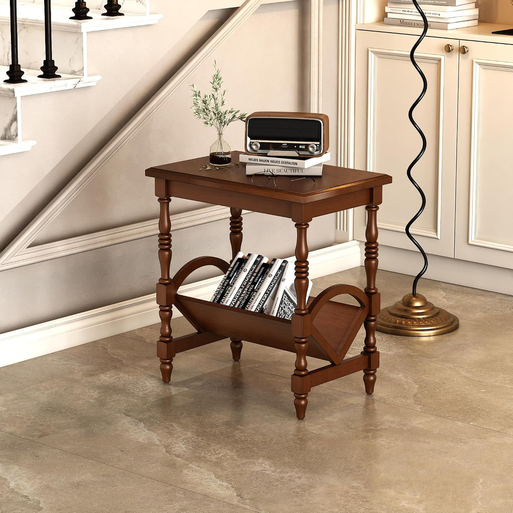 Classic Wooden Side Table with Magazine Rack, End Table with Rubberwood Legs and Birch Veneer Finish, Bedside Table with Storage Shelf for Living Room, Bedroom