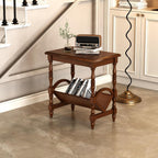 Classic Wooden Side Table with Magazine Rack, End Table with Rubberwood Legs and Birch Veneer Finish, Bedside Table with Storage Shelf for Living Room, Bedroom