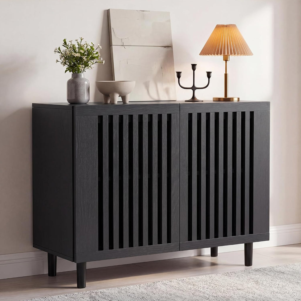 CHUWELL 31.5" Farmhouse Buffet Cabinet with Storage, Modern Black Sideboard Coffee Bar Cabinet with Grille-Striped Doors & Adjustable Shelf, Accent Storage Cabinet with Solid Wood Feet for Dining Room
