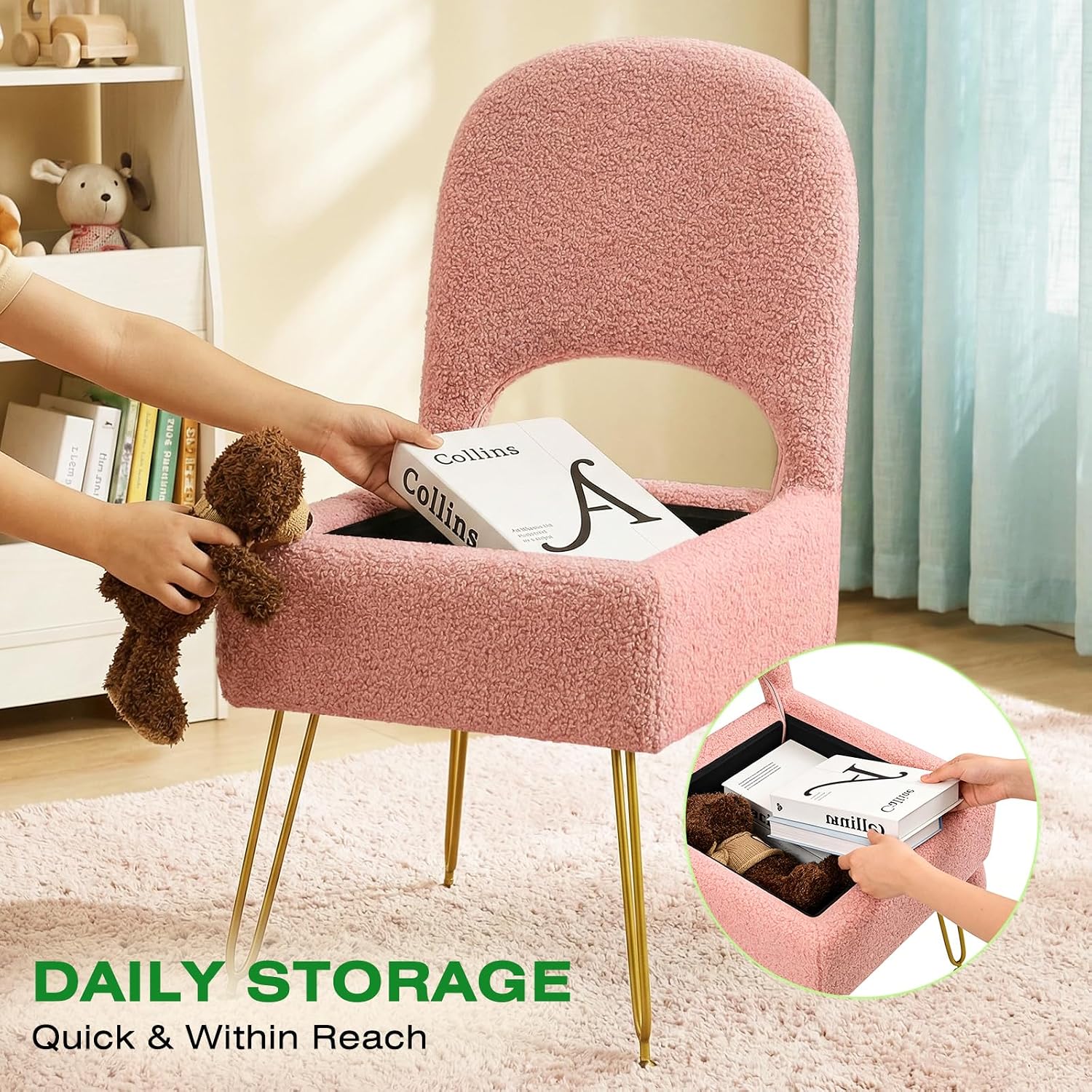Vanity Chair with Storage & Folding Backrest, Cute Pink Faux Fur Vanity Stool, Comfy Padded Make Chair for Makeup Bedroom, Adjustable Back & Plush Cushion Seat,16.6" Wide 11L Storage Space