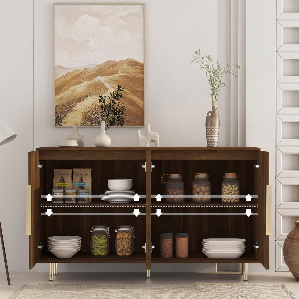 Sideboard Cabinet, 56" Large Buffet Cabinet with Storage, Wood Credenza Storage Cabinet with 4 Fluted Decorative Doors and Adjustable Shelves, for Living Room, Kitchen, Entryway, Walnut