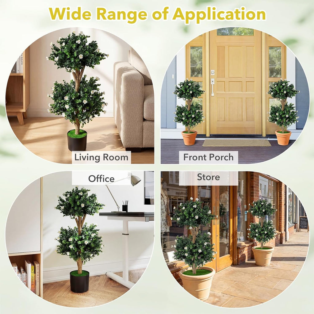 Goplus 3 FT Artificial Double Ball Boxwood Topiary Trees, Set of 2 Faux Bush Plant w/41 Blossoms, Cement-Filled Plastic Pot, Sun-Proof Indoor Outdoor Fake Greenery for Porch Home Decoration (White)