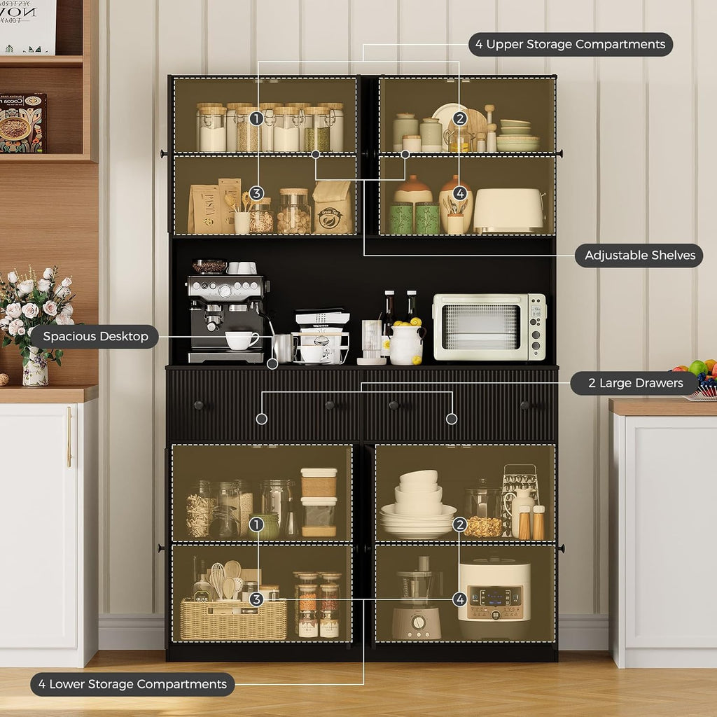 Garvee 47" Fluted Kitchen Pantry Cabinet with Countertop and Charging Station - Tall Pantry Storage Cabinet with 2 Drawers and Adjustable Shelves for Dining Room, Living Room
