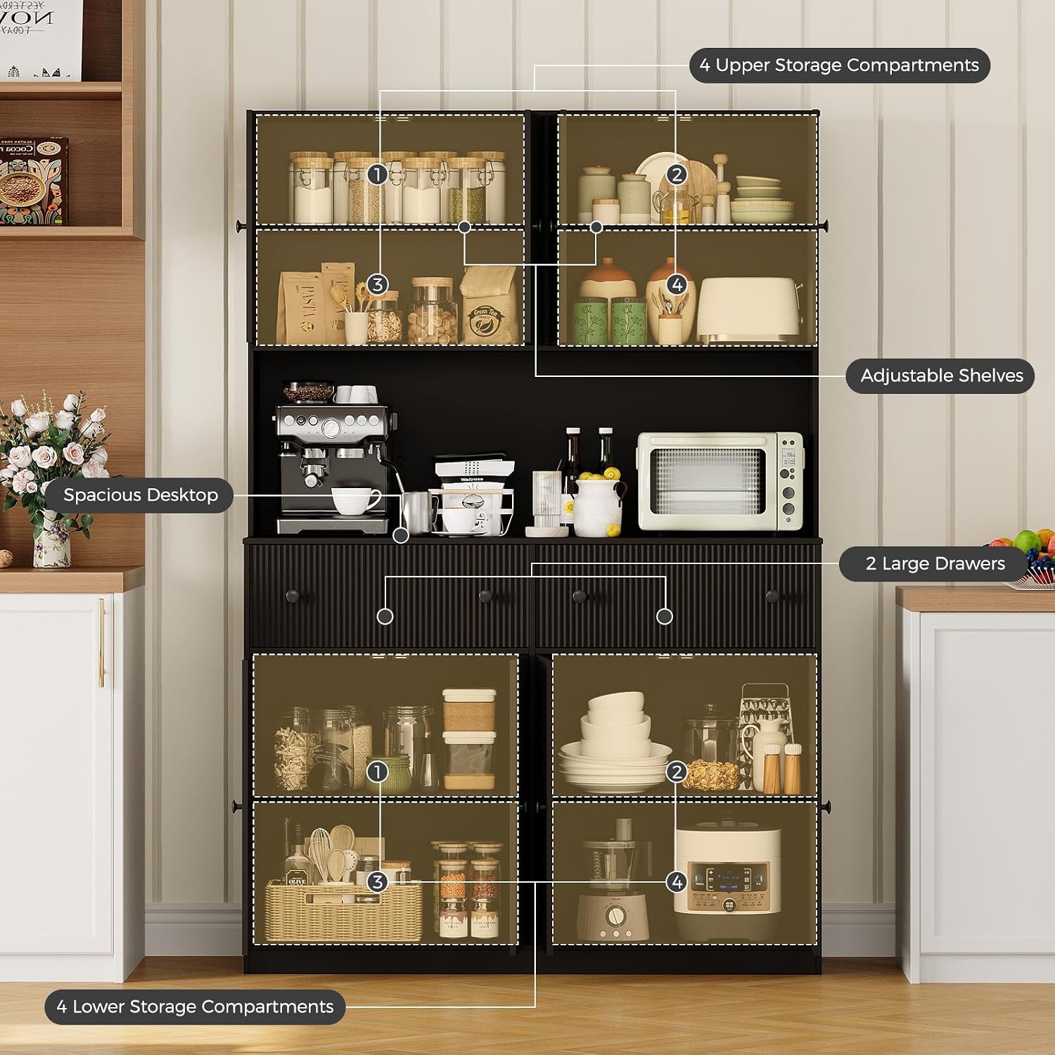 Garvee 47" Fluted Kitchen Pantry Cabinet with Countertop and Charging Station - Tall Pantry Storage Cabinet with 2 Drawers and Adjustable Shelves for Dining Room, Living Room