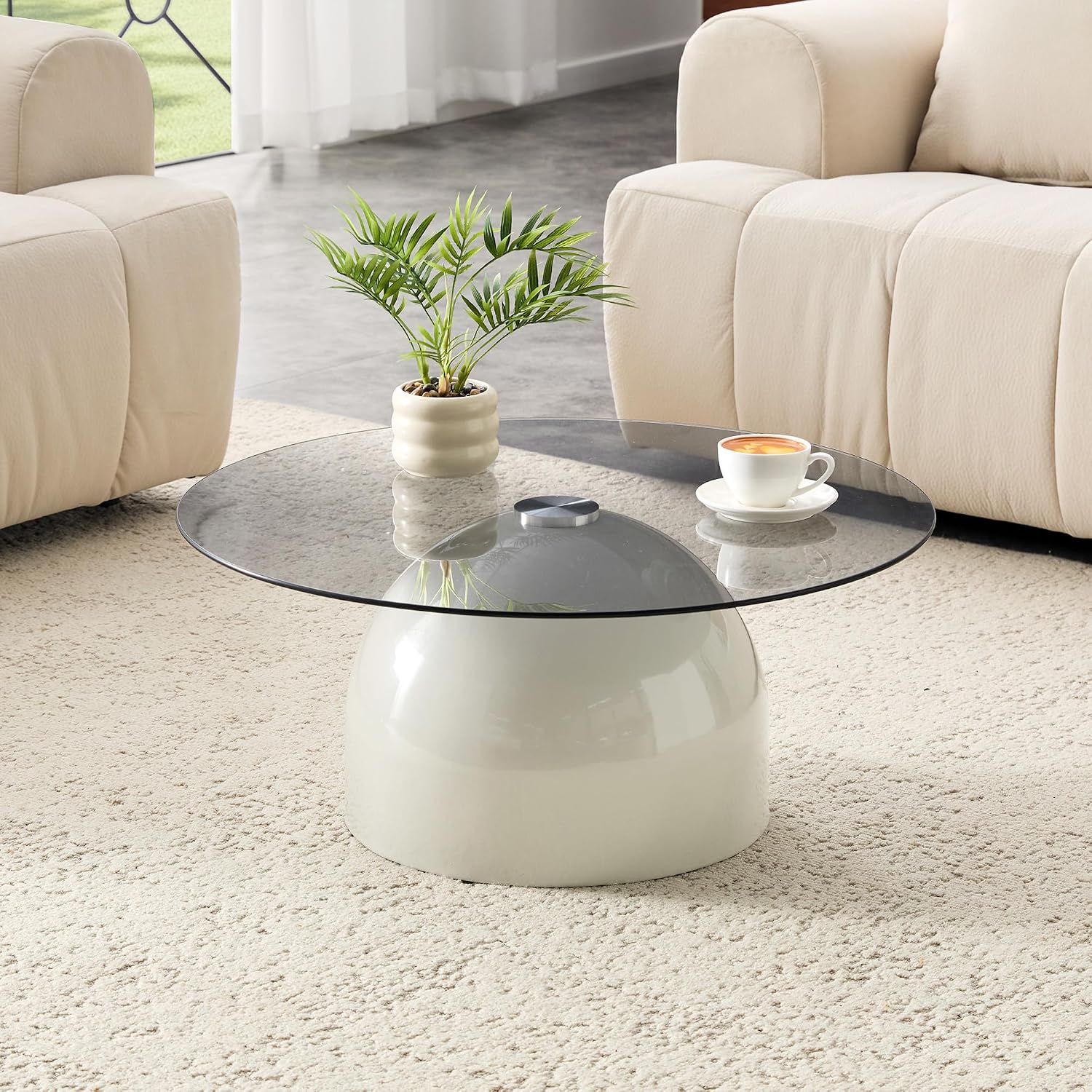 WILLIAMSPACE Round Nesting Coffee Table Set of 2 with Tempered Glass Top, Modern Center Tables with Carbon Steel Base for Living Room, Accent Tea Table, Easy Assembly, 27.5" & 19.6", Grey＋Brown