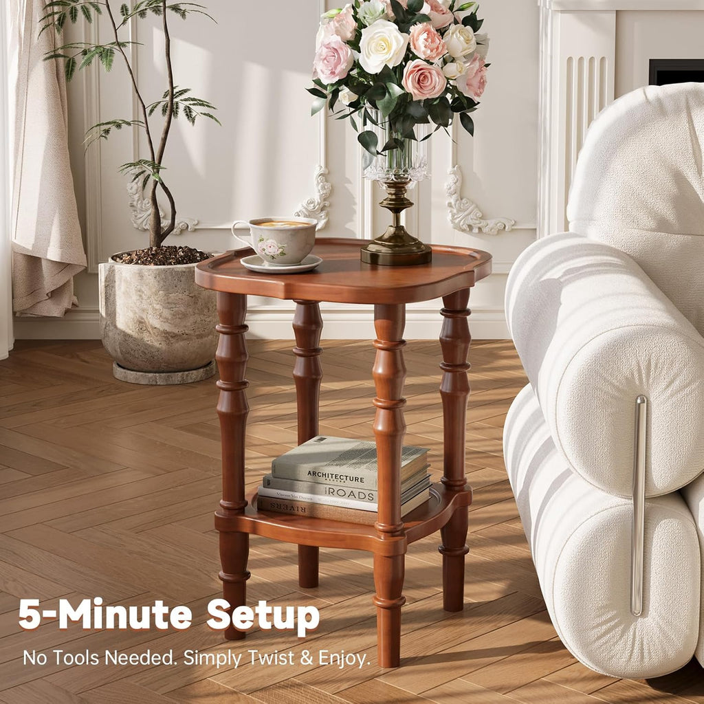 100% Solid Wood Side Table, Vintage 2-Tier Small Round End Table, Nightstand with Handcrafted Spindle Legs, Wooden Accent Table for Small Spaces, Living Room, Bedroom, 5-Min Assembly, Walnut