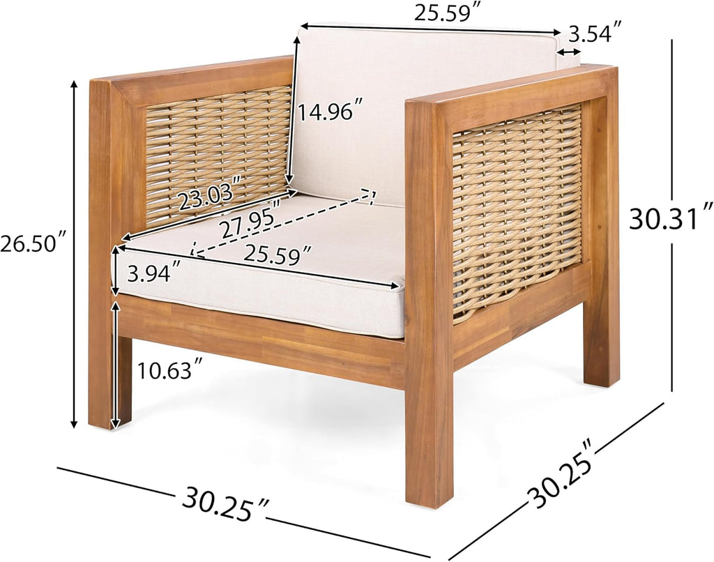 Outdoor Club Chair Set of 2 — Acacia Wood Frame, Wicker Armrests & Beige Cushions, 400 lbs Capacity, for Patio Garden Backyard