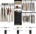 Armocity 120 Inches Closet System, 10FT Walk In Closet Organizer with 3 Shelving Towers, Heavy Duty Clothes Rack with 3 Drawers, Built-In Garment Rack, 120" L x 16" W x 75" H, Max Load 1300 LBS, Black