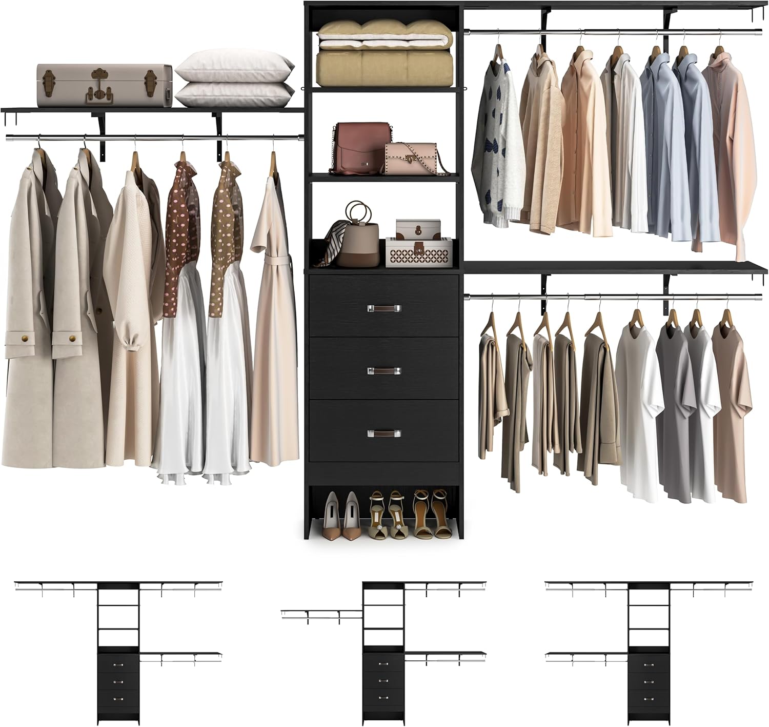 Armocity 120 Inches Closet System, 10FT Walk In Closet Organizer with 3 Shelving Towers, Heavy Duty Clothes Rack with 3 Drawers, Built-In Garment Rack, 120" L x 16" W x 75" H, Max Load 1300 LBS, Black