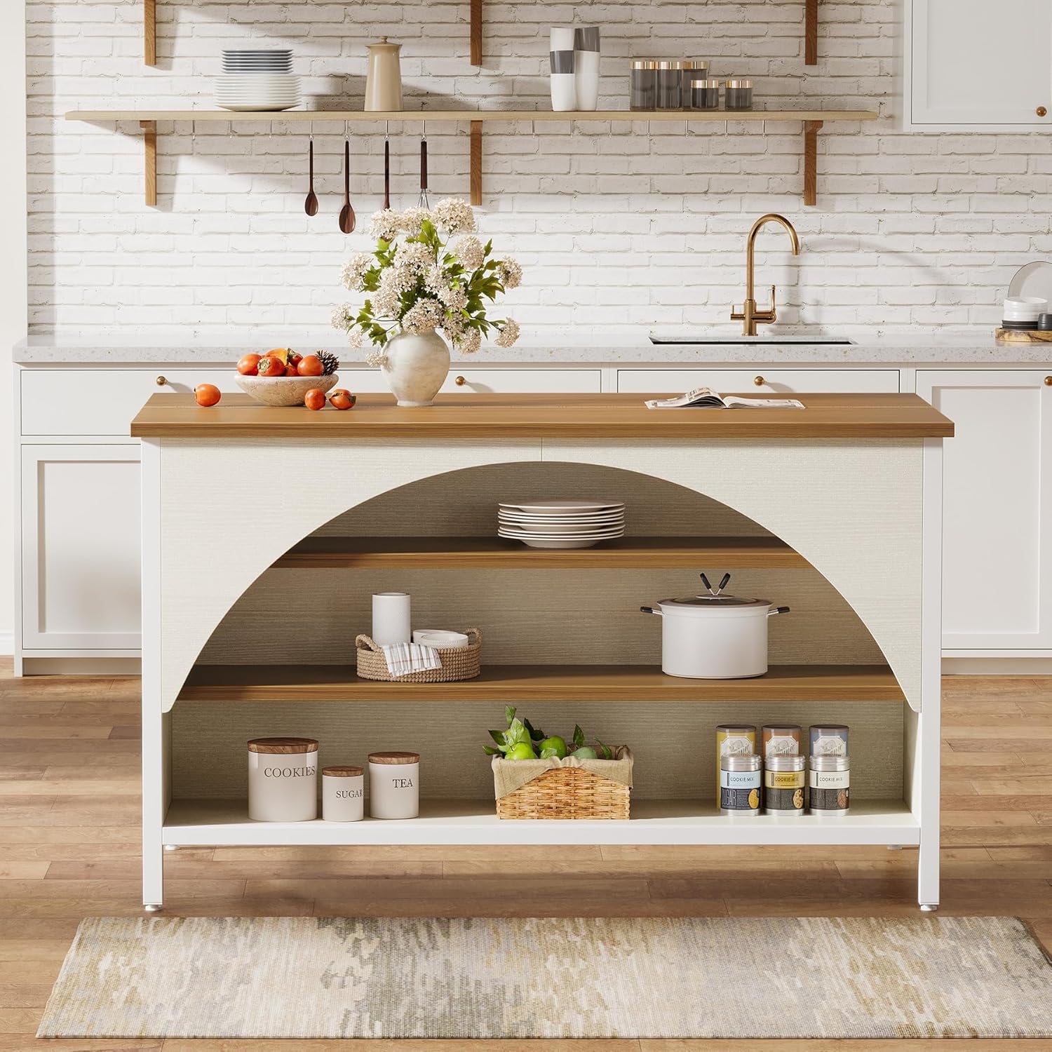 Tribesigns Kitchen Island with 3 Storage Shelves, 55" W Kitchen Shelf with Large Countertop and Seating Area, Modern Wooden Coffee Bar Table (White)