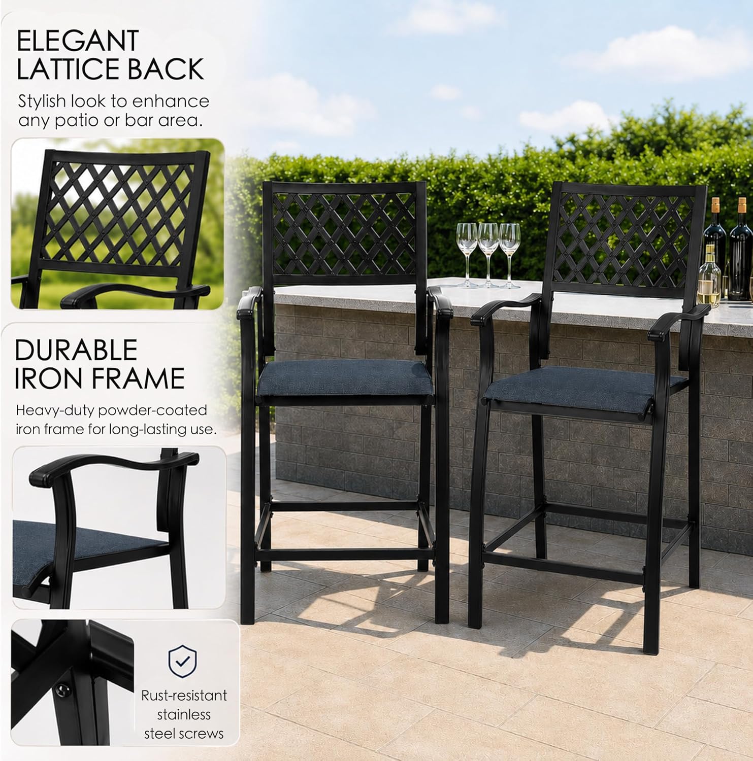 Kozyard Outdoor Counter Height Bar Stools Set of 2, Patio Bar Chairs with Wrought Iron Frame & Textilene Fabric, Outdoor Dining Chairs for Patio, Poolside, Backyard Navy Blue
