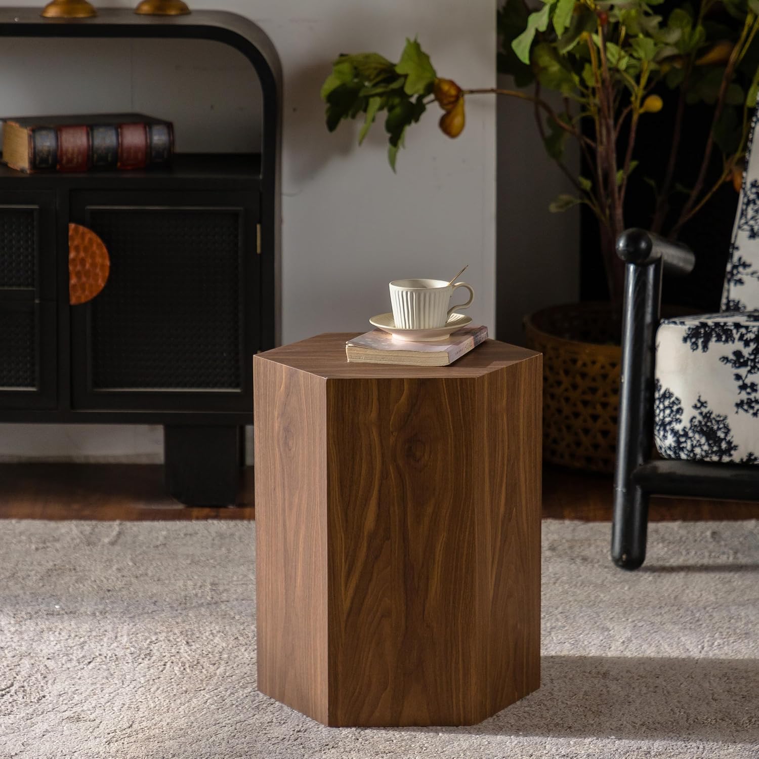 15.75'' Hexagon Side Table End Table for Living Room, Wood Grain, No Assembly, Walnut