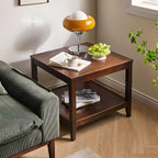 Side Table, Solid Wood Square End Table with Storage Shelf, 2-Tier Coffee Table for Living Room, Rubber Wood Small Sofa Table, Nightstand 23.62 H x 23.62 W x 23.62 D Inches (Walnut)