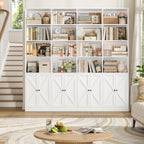 FACBOTALL 70.9" Wide Bookshelf, 6 Tier Farmhouse Bookshelf with 8 Doors, Large Bookcase with 18 Storage Shelves, Tall Bookshelves and Bookcases, Modern Bookshelves for Living Room, White