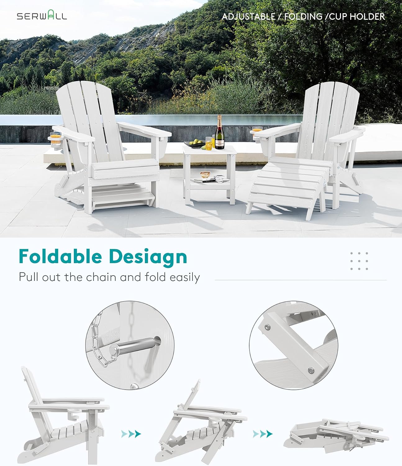 SERWALL 5-Piece Adirondack Chair and Ottoman and Table Set, White