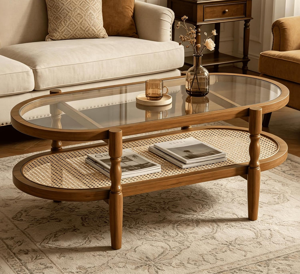 Rattan Coffee Table, Oval Cocktail Table with Glass Top and Solid Wood Frame, Boho Indoor & Outdoor Coffee Table, Brown, 40 in