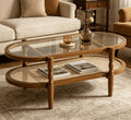 Rattan Coffee Table, Oval Cocktail Table with Glass Top and Solid Wood Frame, Boho Indoor & Outdoor Coffee Table, Brown, 40 in