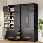 78.2" Tall Farmhouse Kitchen Pantry Cabinet with 8 Door Shelves, Storage Cupboard with 3 Adjustable Shelves, 3 Large Drawers,for Dining & Bathroom (Ash Black-J)