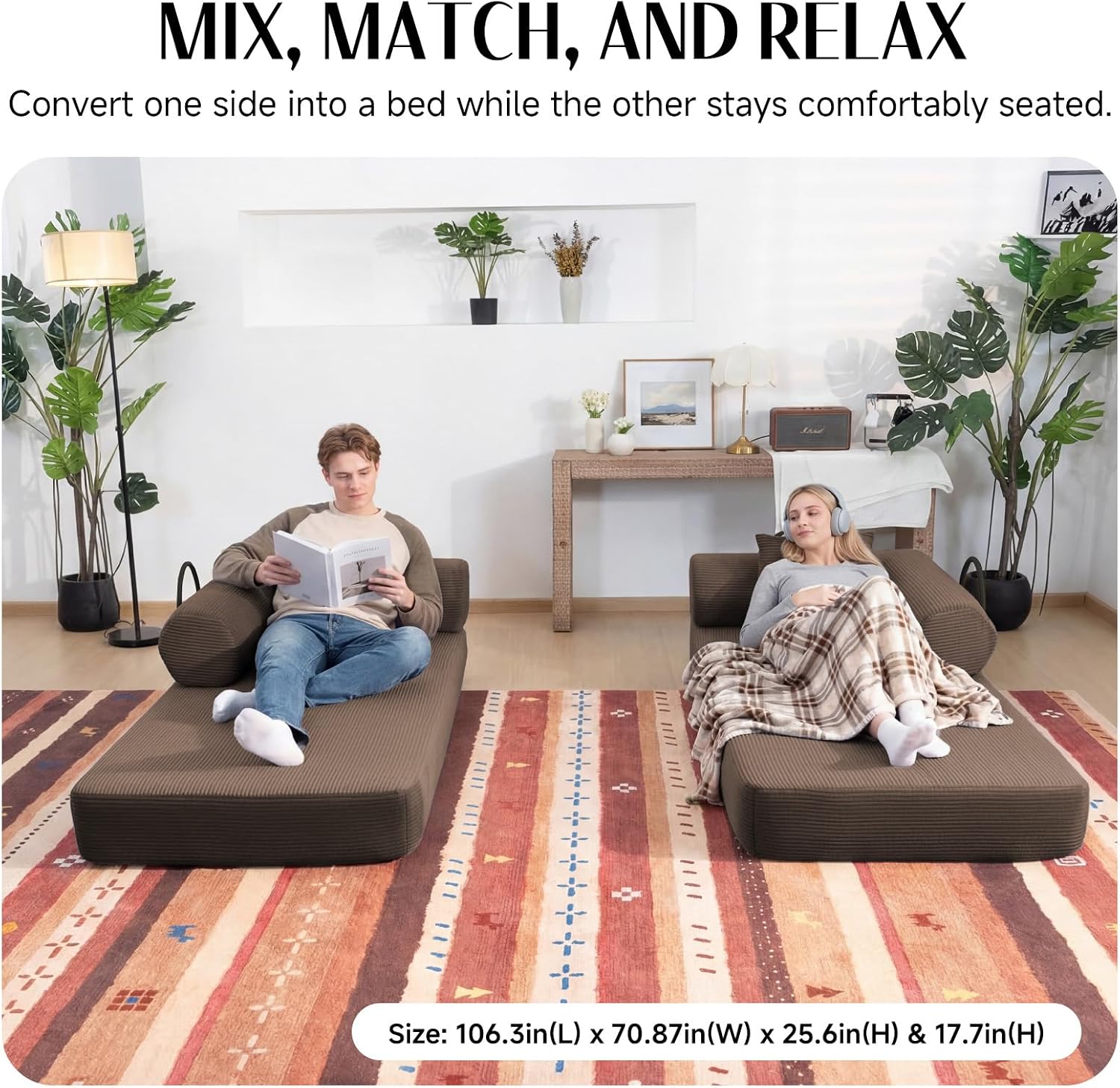 79" Corduroy Sofa Bed, Boneless Couch in a Box with 2 Pillows, High-Density Foam 4-in-1 Foldable Sleeper Futon Loveseat for Small Spaces, No Assembly, Side Pockets, Hex Arm Brown