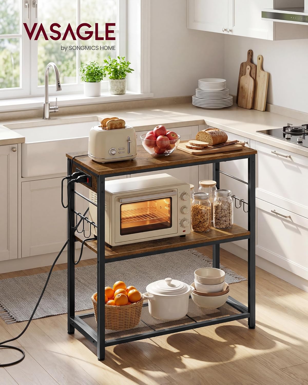 VASAGLE Kitchen Island with Power Strip, Microwave Oven Stand, Kitchen Shelf, Baker's Rack with 3 Open Shelves, 6 Hooks, Metal Frame, 15.7 x 31.5 x 35.4 Inches, Rustic Brown and Black UKKI102KD02S
