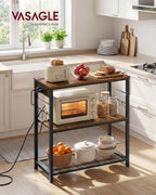 VASAGLE Kitchen Island with Power Strip, Microwave Oven Stand, Kitchen Shelf, Baker's Rack with 3 Open Shelves, 6 Hooks, Metal Frame, 15.7 x 31.5 x 35.4 Inches, Rustic Brown and Black UKKI102KD02S