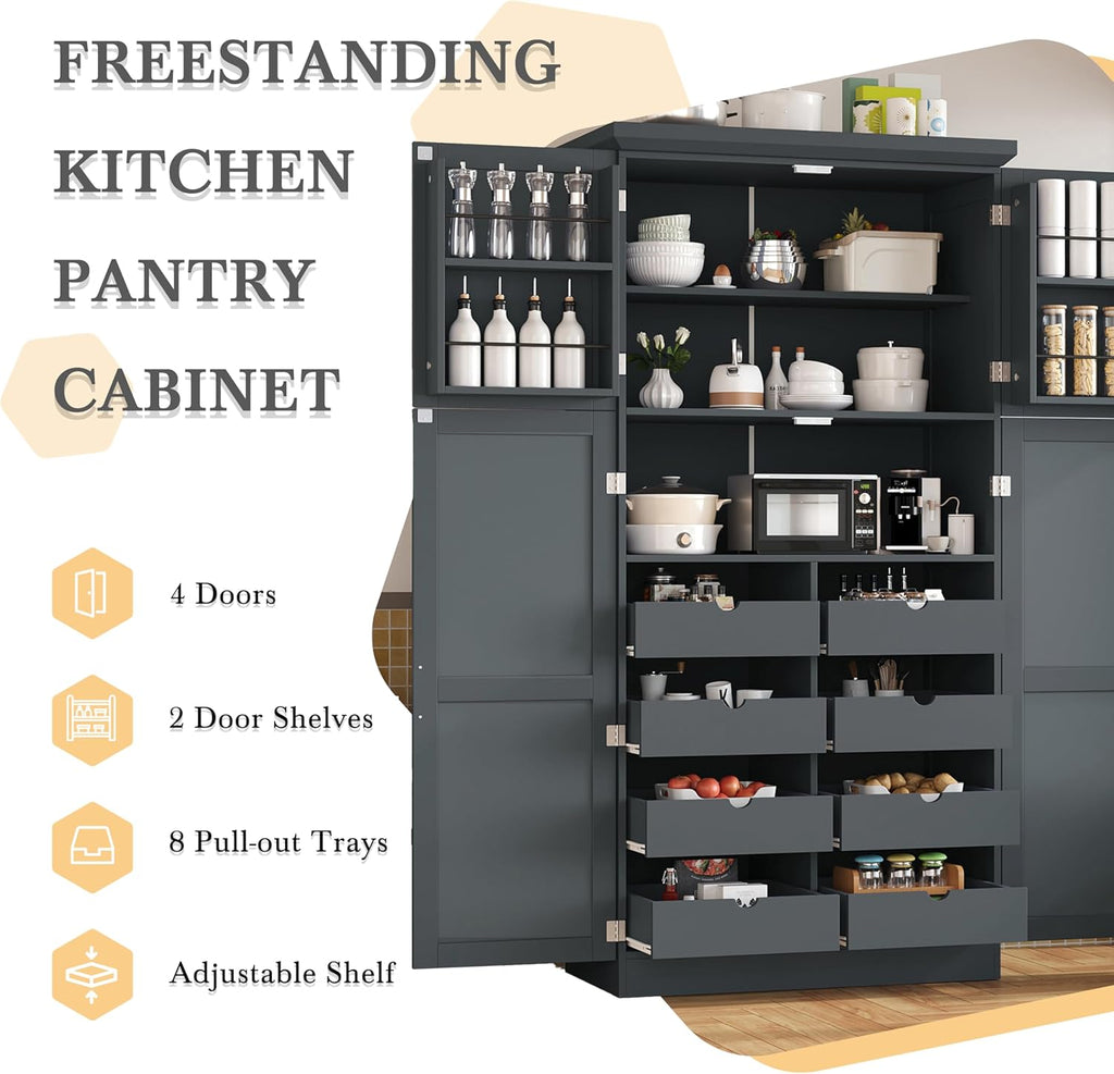 71" Tall Kitchen Pantry Cabinet, Freestanding Food Storage Pantry with 4 Doors, 8 Pull-Out Trays and Adjustable Shelves, Wood Storage Cupboard for Kitchen, Dining Room,Gray