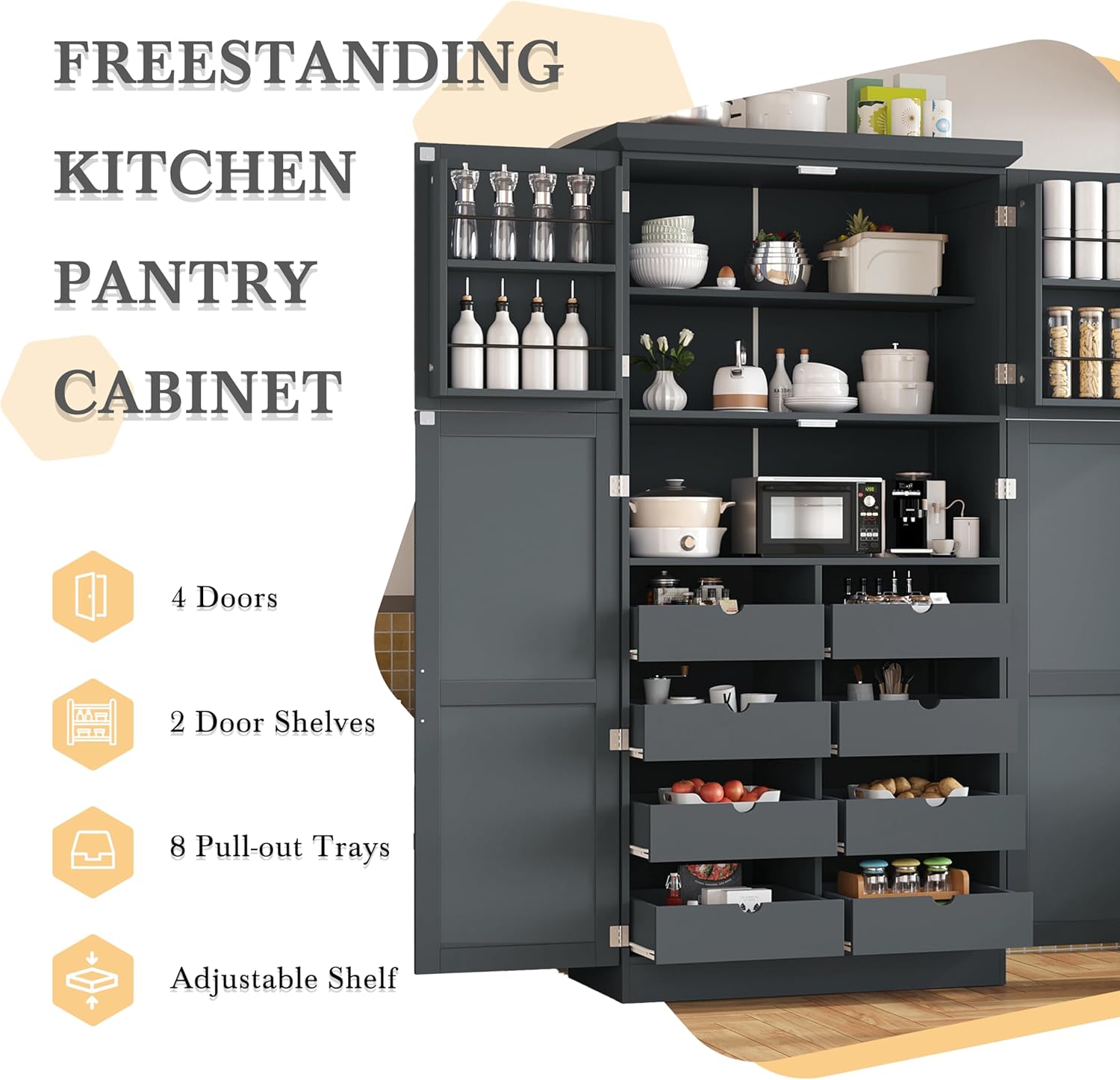 71" Tall Kitchen Pantry Cabinet with 4 Doors, 8 Pull-out Trays (Gray) | Adjustable Shelves, Freestanding Storage Cabinet for Kitchen Dining Room Living Room, Anti-Tip Design
