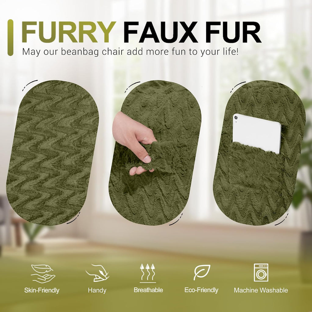 3FT Bean Bag Chair,Giant Bean Bag Chairs for Adults,Big Bean Bags with Memory Foam Filled, Large Beanbag Chairs with Chevron Plush Cover-Green