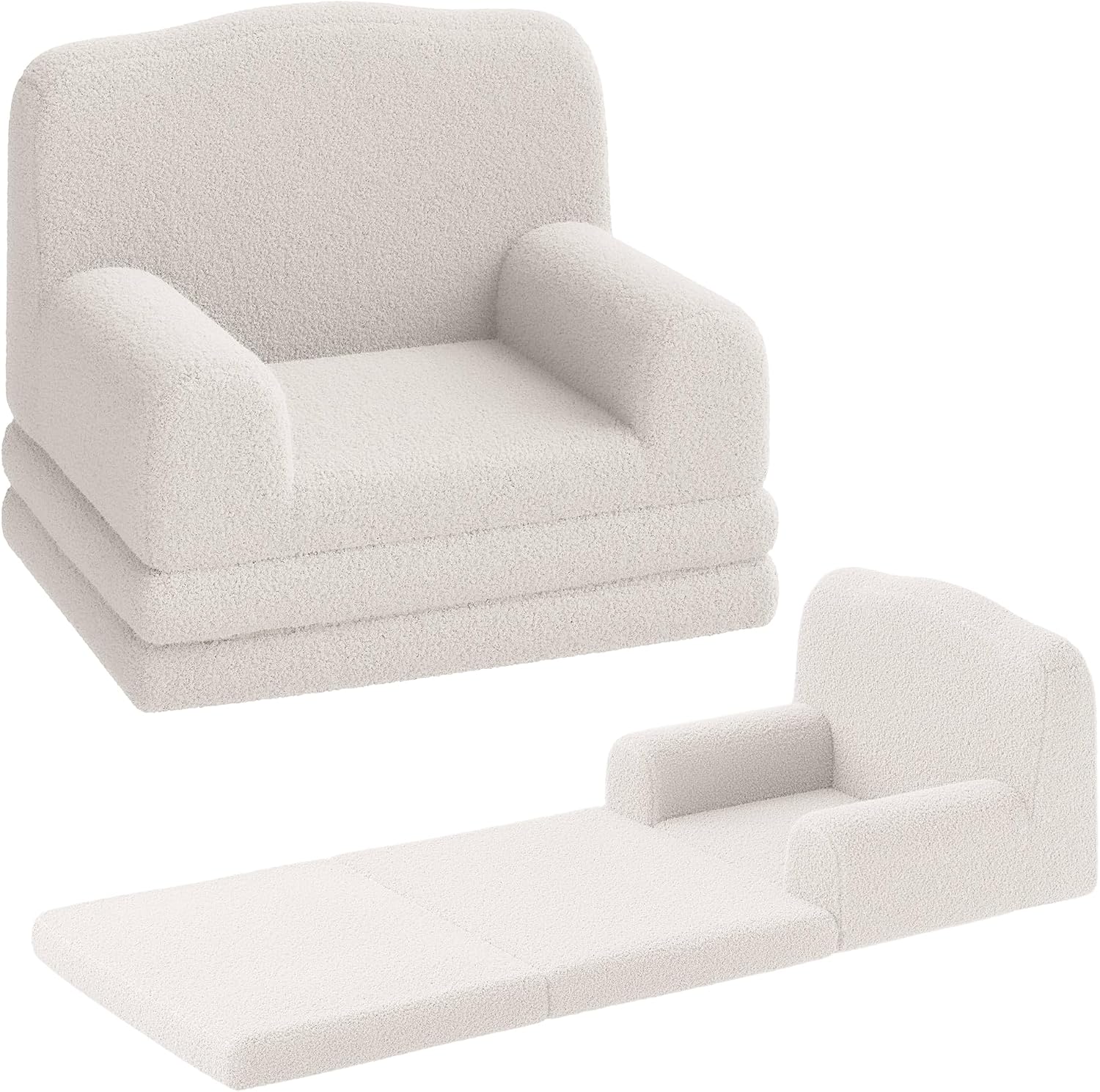Kids Sofa Chair, Sherpa Convertible Toddler Couch with Washable Cover, Crown Design Comfy Children's Reading Chair, Fold Out Sofa Bed for Playroom, Nursery, Girls & Boys