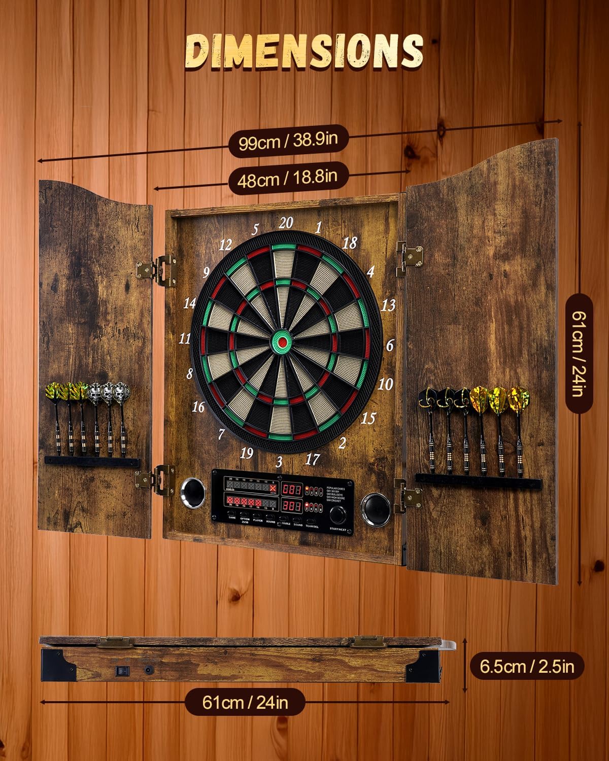Electronic Dart Board, Decorative Dart Board Cabinet for Adults | [12*Bronze Soft Tip Darts] [Cricket Game Mode]- Wooden Electric Dartboard Cabinet for Family Game Rooms [VINTAGE]