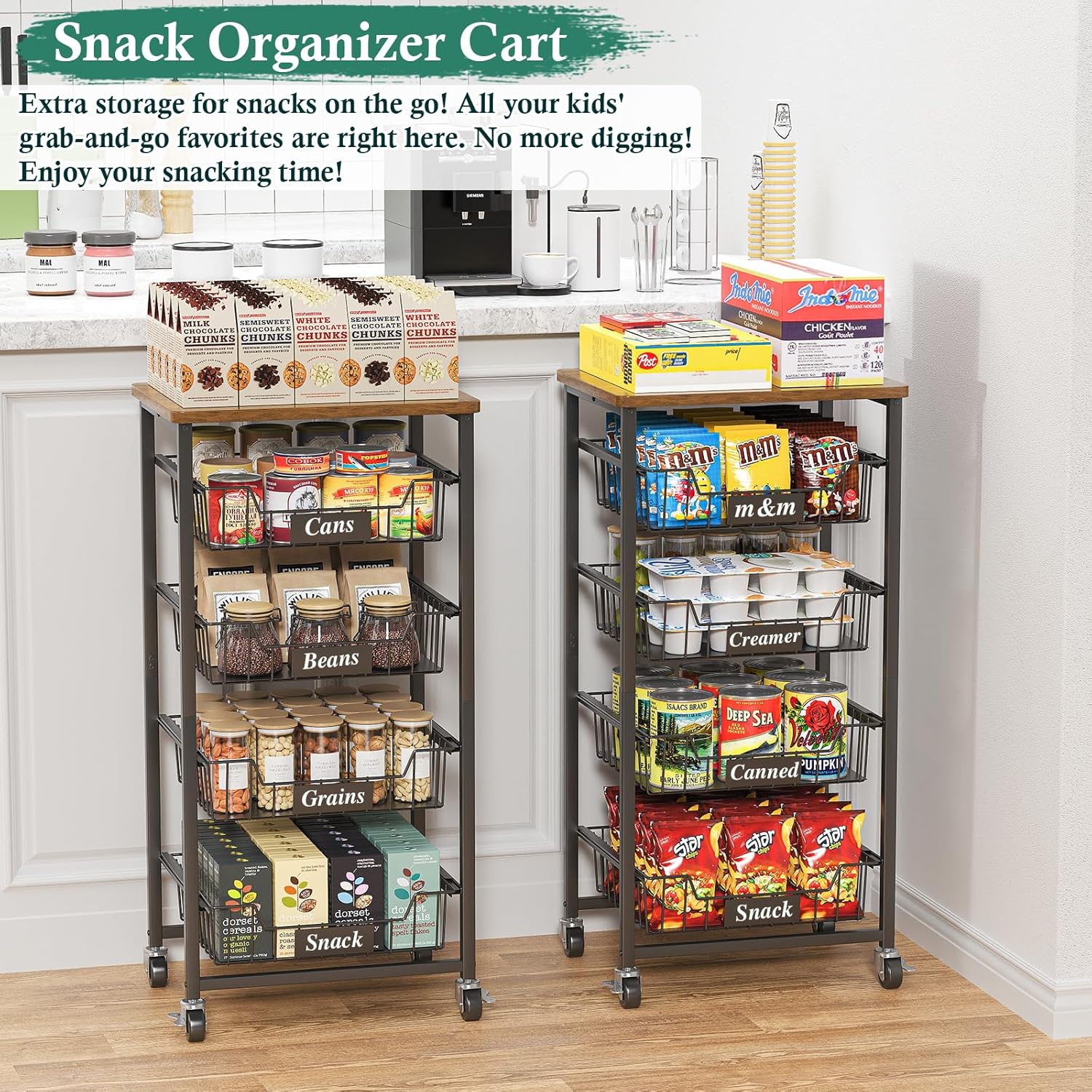 OKZEST Fruit Basket, 5-Tier Utility Kitchen Organizer and Storage Cart with Pull-Out Baskets and Wood Top, Rolling Pantry Kitchen Cart on Wheels for Fruit Potato Onion Vegetable Snack Produce
